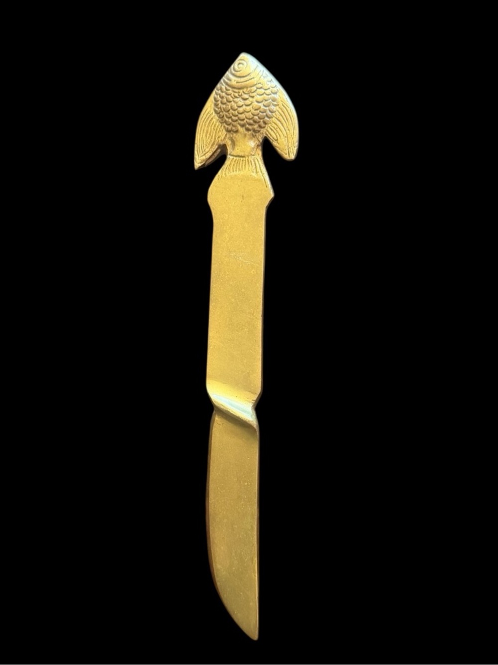 Vintage brass letter opener with a fish-shaped handle. India 6”
